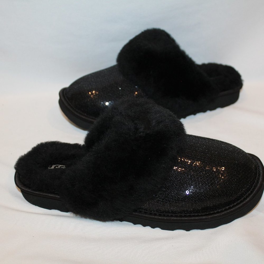NIB‎ UGG YOUTH 5 WOMEN'S 5.5-6 METALLIC GLITTER BLACK SHEARLING LINED SLIPPERS